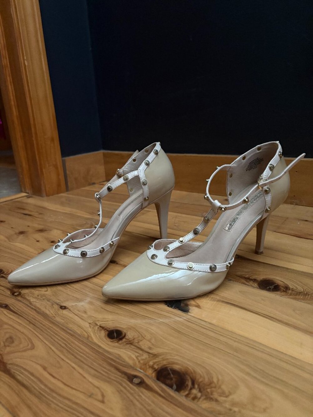 Audrey Brooke Beige Patent Studded T-Strap Pumps Pointed Toe Ankle Strap Heels